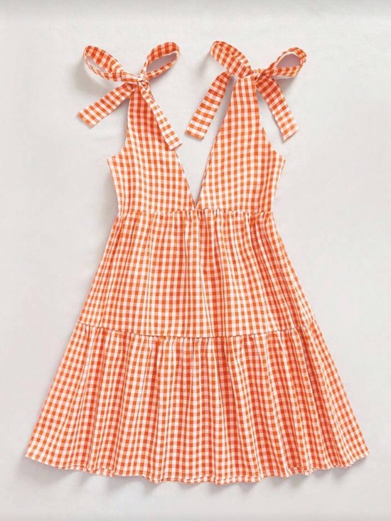 Gingham print v neck tie strap tiered mini dress orange white preppy - Picture 4 of 4